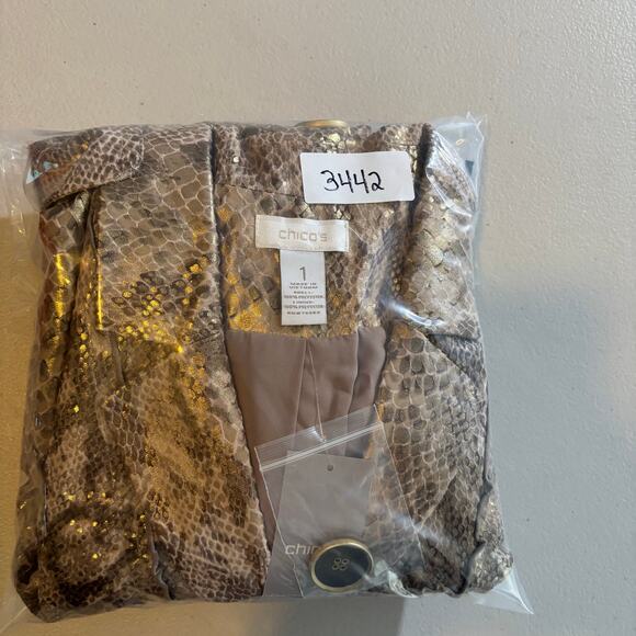 Chico's Women's Size 1 Medium Gold Metallic Luxe Snakeskin Ruched Ruffle Jacket - Picture 12 of 12